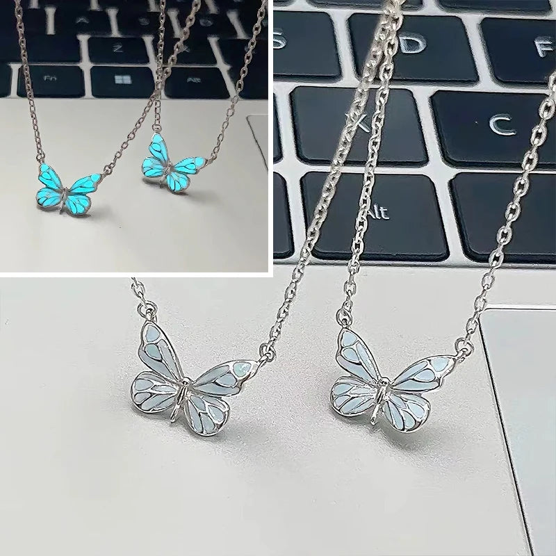 Fashion Blue Luminous Butterfly Pendant Necklaces for Women Bracelet Silver Color Clavicle Chain Necklaces Party Jewelry Gifts