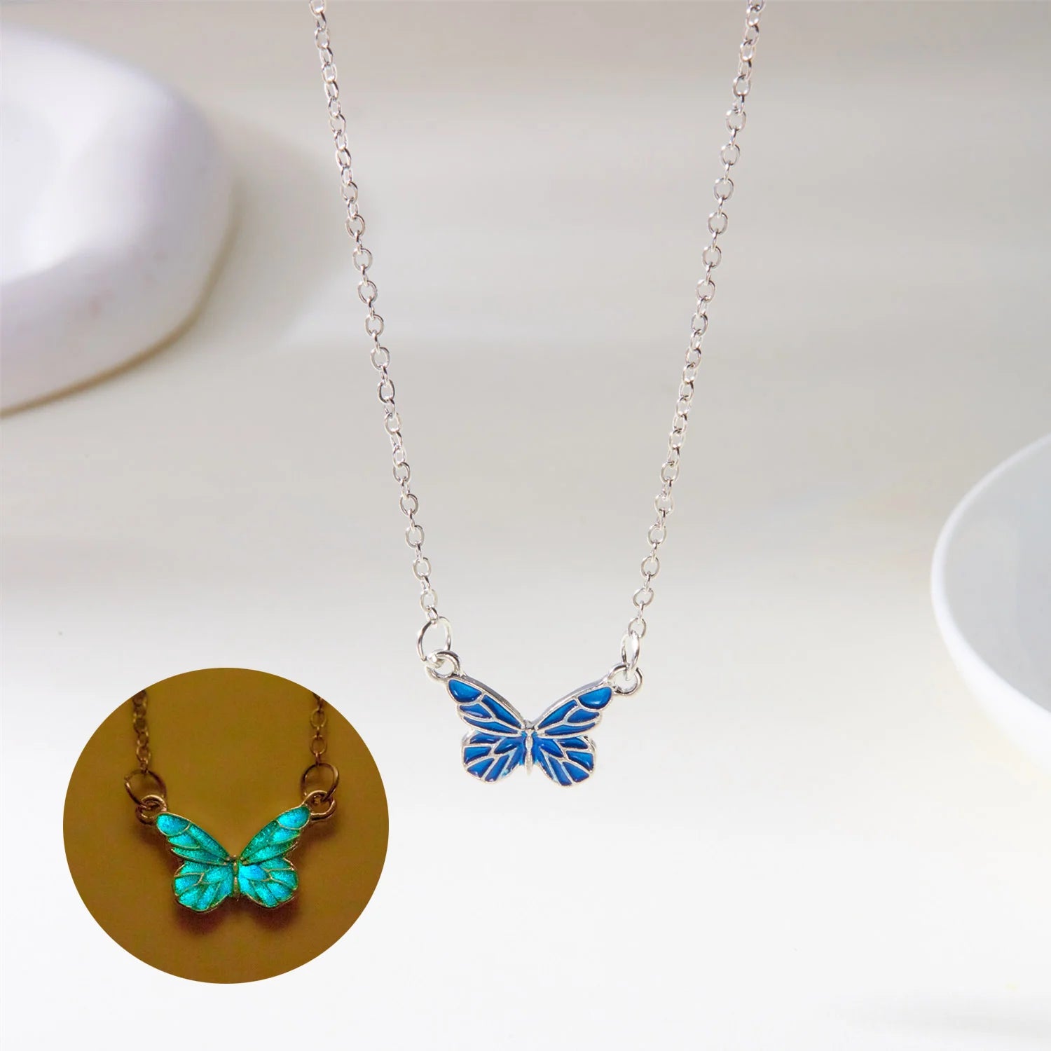 Fashion Blue Luminous Butterfly Pendant Necklaces for Women Bracelet Silver Color Clavicle Chain Necklaces Party Jewelry Gifts