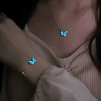 Fashion Blue Luminous Butterfly Pendant Necklaces for Women Bracelet Silver Color Clavicle Chain Necklaces Party Jewelry Gifts