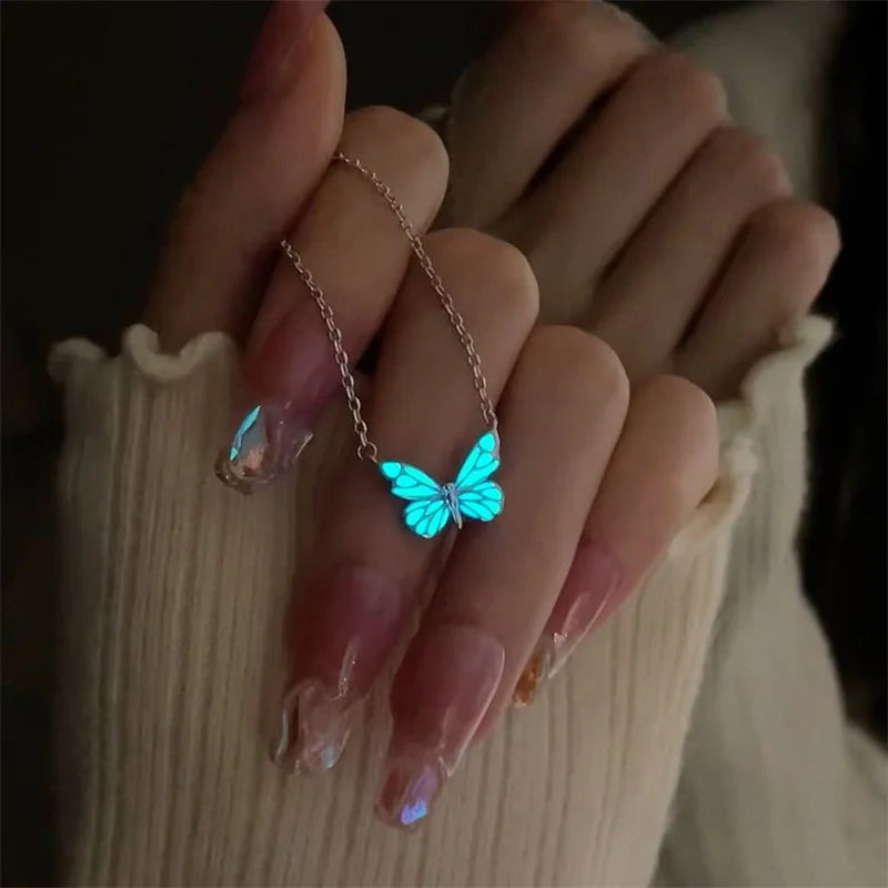 Fashion Blue Luminous Butterfly Pendant Necklaces for Women Bracelet Silver Color Clavicle Chain Necklaces Party Jewelry Gifts