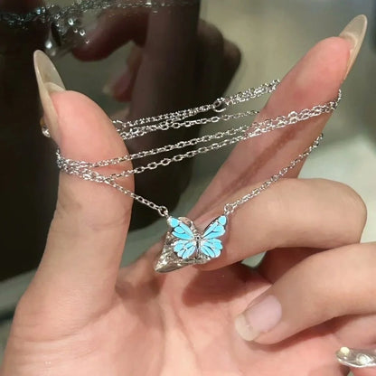 Fashion Blue Luminous Butterfly Pendant Necklaces for Women Bracelet Silver Color Clavicle Chain Necklaces Party Jewelry Gifts